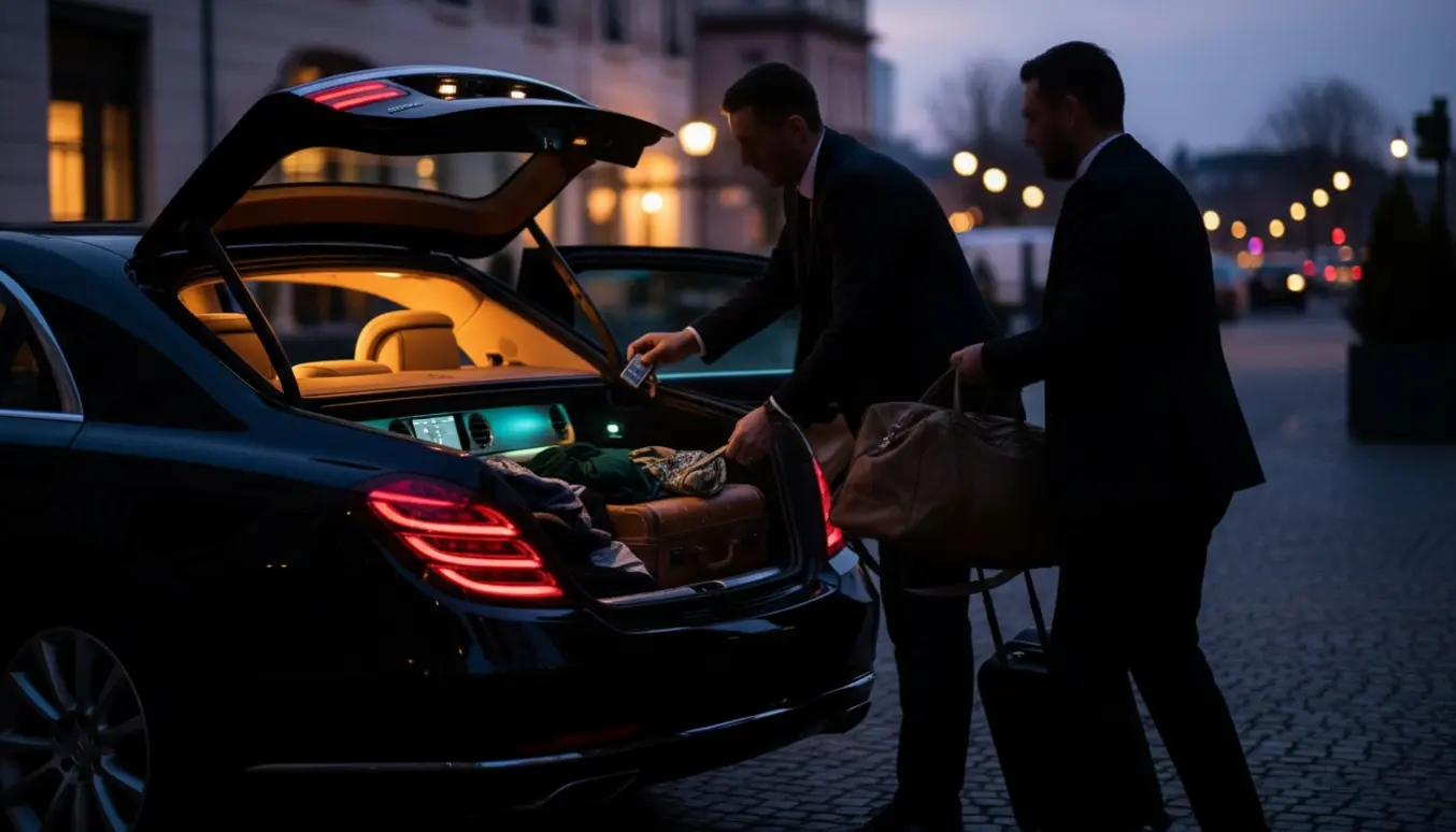 En chauffør hjælper festgæster med bagage ved en parkeret bil i tusmørke.