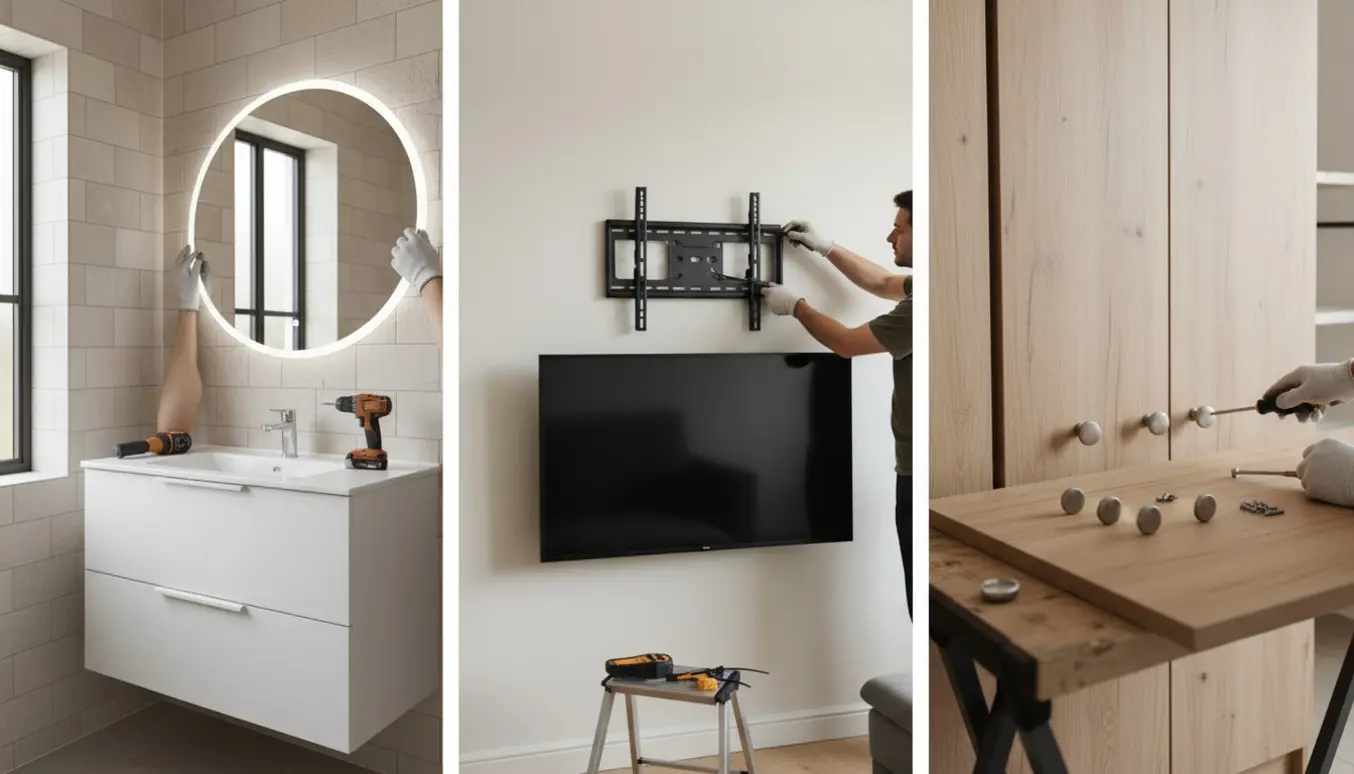 Værktøj og hænder monterer spejle med lys, et TV på vægbeslag og greb på et garderobeskab i et lyst hjem.