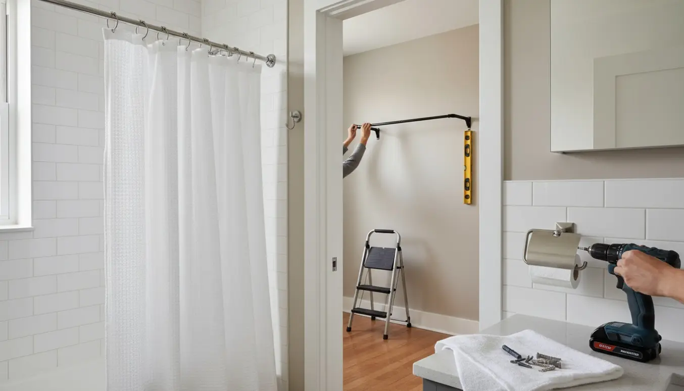 Hænder monterer badeforhæng, toiletholder og kroge i badeværelset, og et væghængt 180 cm tøjstativ monteres i soveværelset.