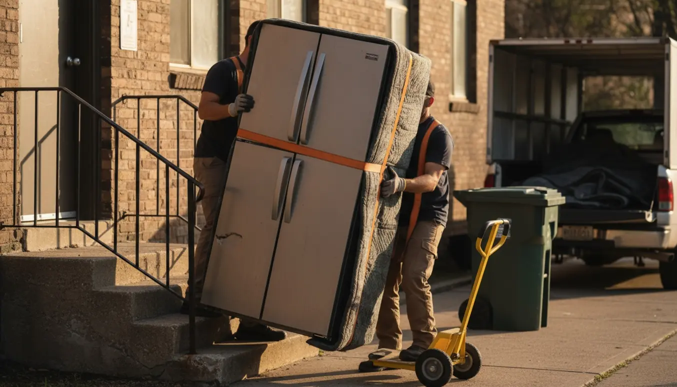 To personer bærer et stort amerikansk køleskab ned ad trappen mod fortovet for at smide det ud.