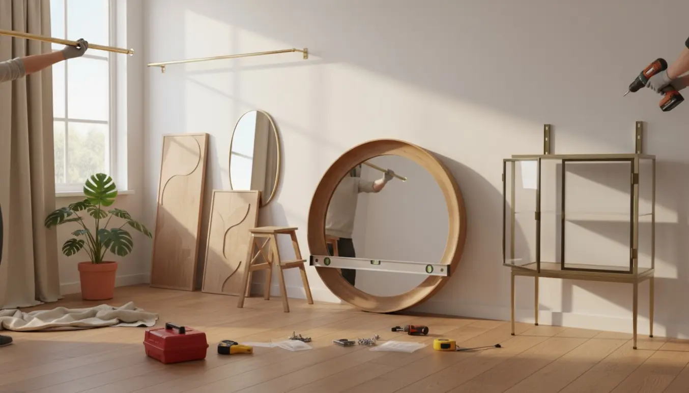 Hænder monterer spejle, trædekorationer, et vitrineskab og en gardinstang i et lyst opholdsrum.