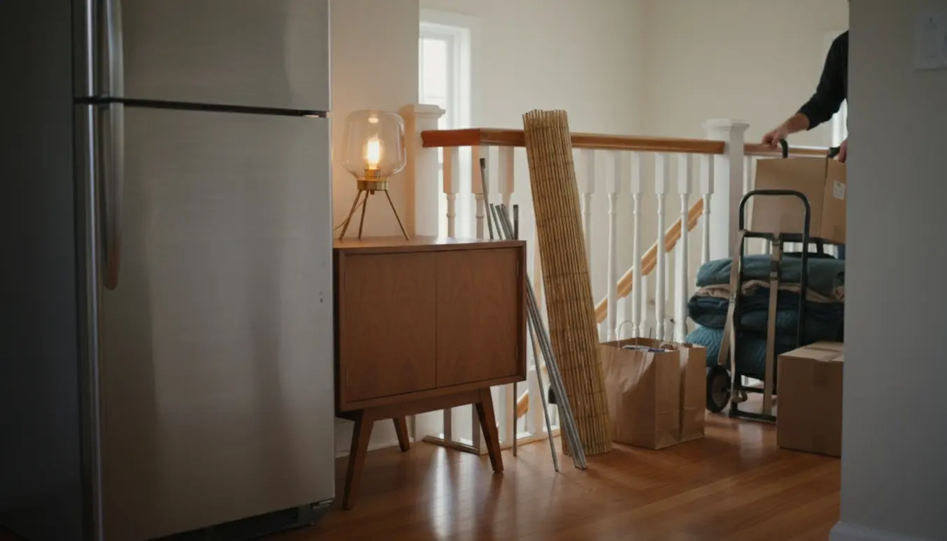 Flyttesager samlet i opgang: køleskab, anretterbord, bordlampe og rullet bambushegn klar til afhentning.
