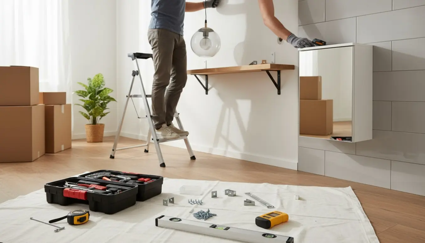 Montering af loftlampe, hylder og badeværelsesskab i et hjem efter flytning.