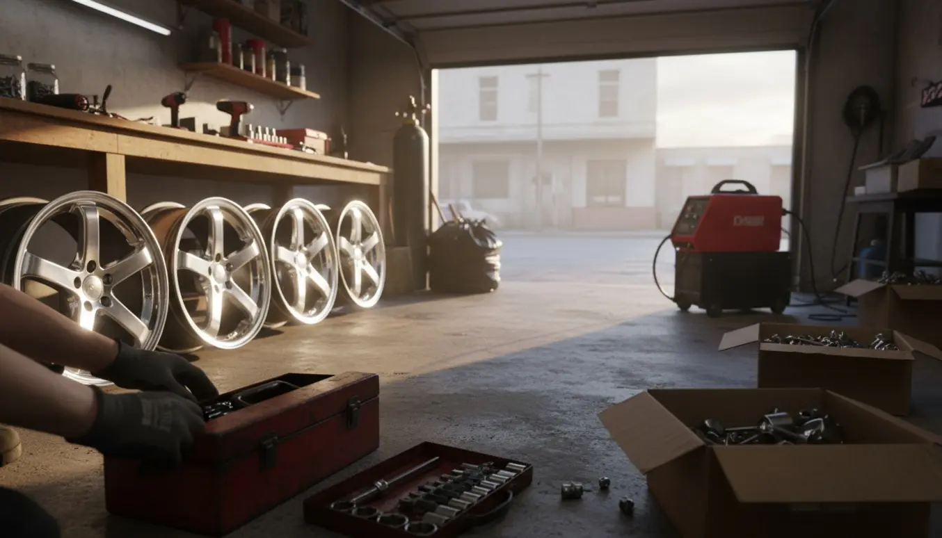 Åben garage med værktøj, alufælge, svejser og hænder, der sorterer behold- og affaldsposer.