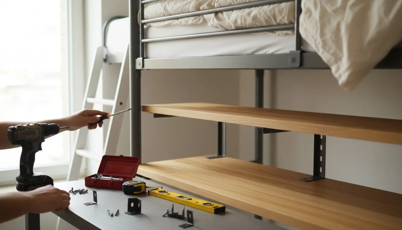 Hjørne med to nyopsatte hylder og en skrivebordsplade monteret på en højseng, værktøj i forgrunden.