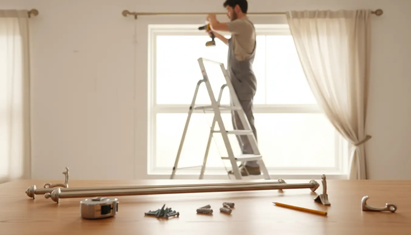 To gardinstænger og beslag ved et vindue, en person på en skammel bruger en boremaskine til at montere et beslag.