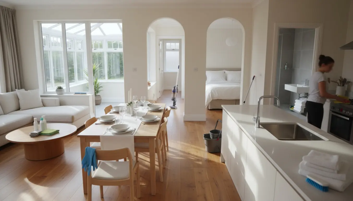 Lys og nyvasket åben bolig med stue, udestue og køkken, rengøringsudstyr synligt og skinnende overflader.