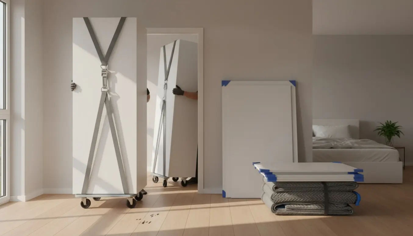 Et hvidt PAX-lignende garderobeskab flyttes indendørs gennem en døråbning, pakket i flyttetæpper og båret af to personer uden synlige ansigter.