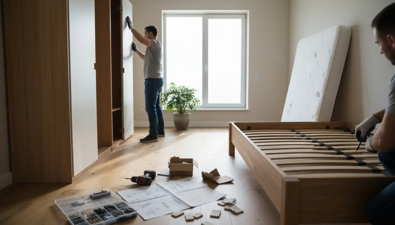 Lyst soveværelse med håndværkere, der monterer et stort garderobeskab med låger og en seng omgivet af værktøj.