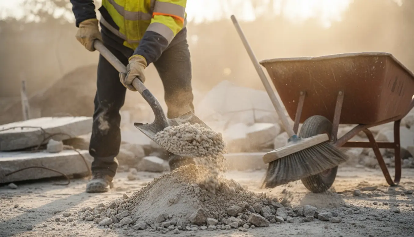 Nærbillede af oprydning efter opbrudt beton, hvor skovl og kost fjerner sand blandet med små sten.