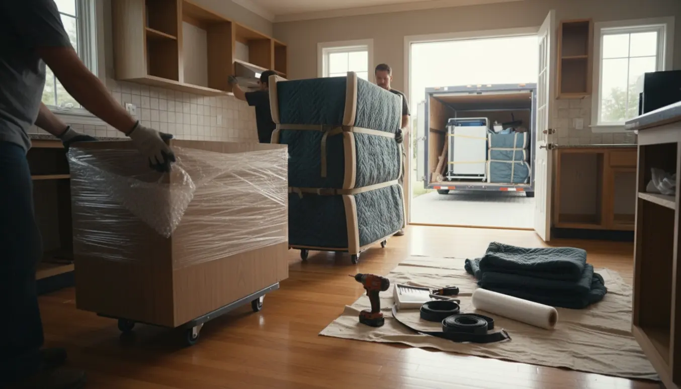 Intakte køkkenskabe og apparater pakkes i flyttetæpper og klargøres til at blive læsset i en trailer.