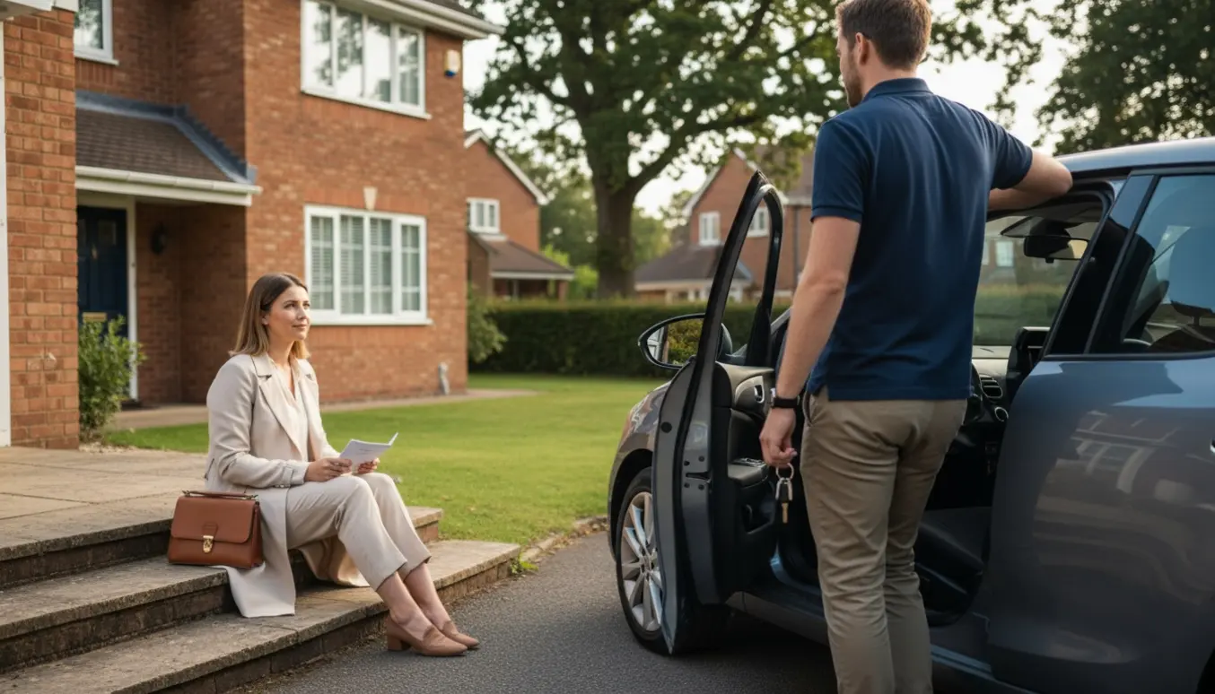 En chauffør venter ved en parkeret bil, mens en person sidder klar på trappen til et lægebesøg.