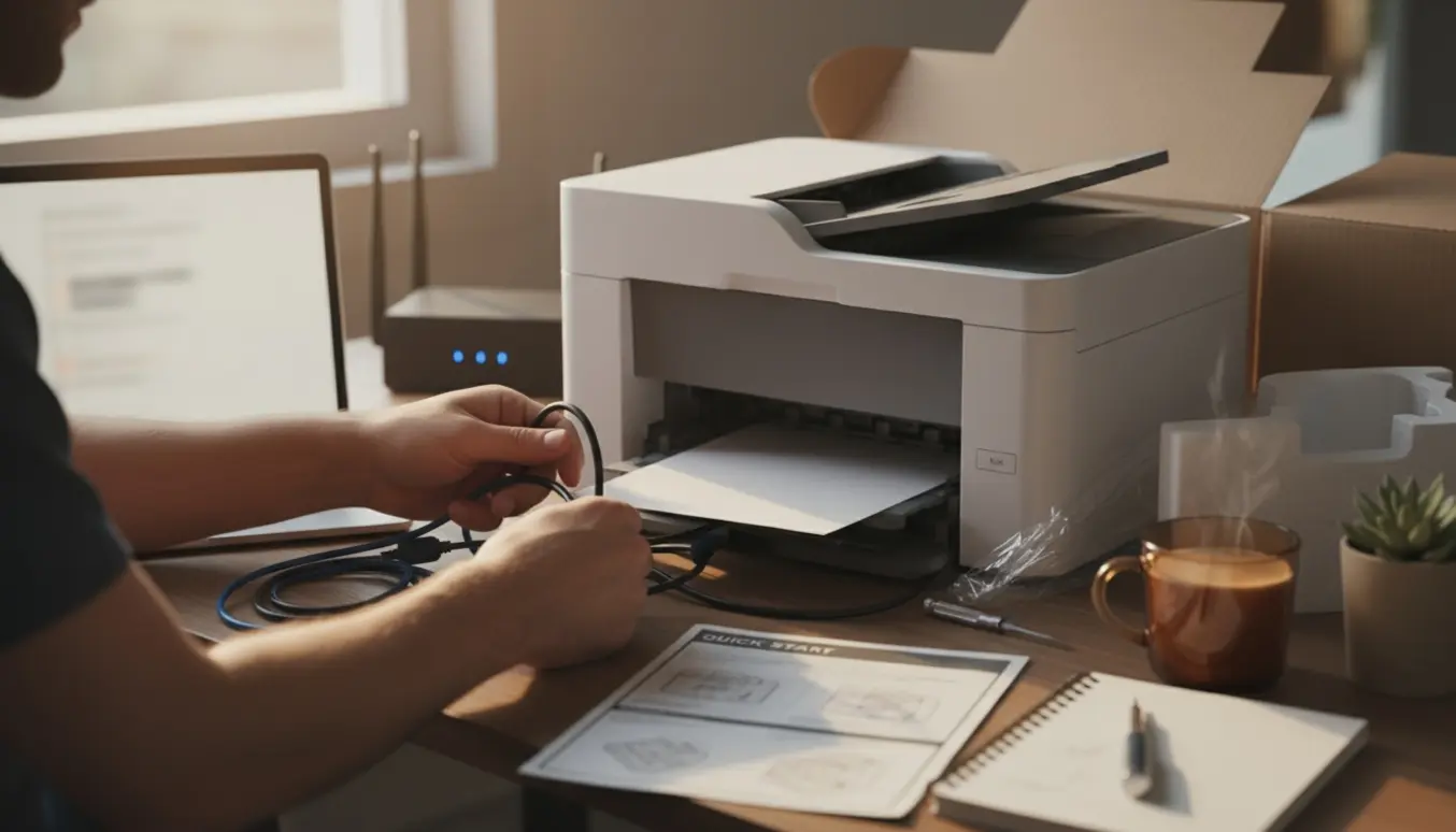 Hænder tilslutter en ny printer på et skrivebord med kabler, en bærbar computer og en åben hurtig-startvejledning.
