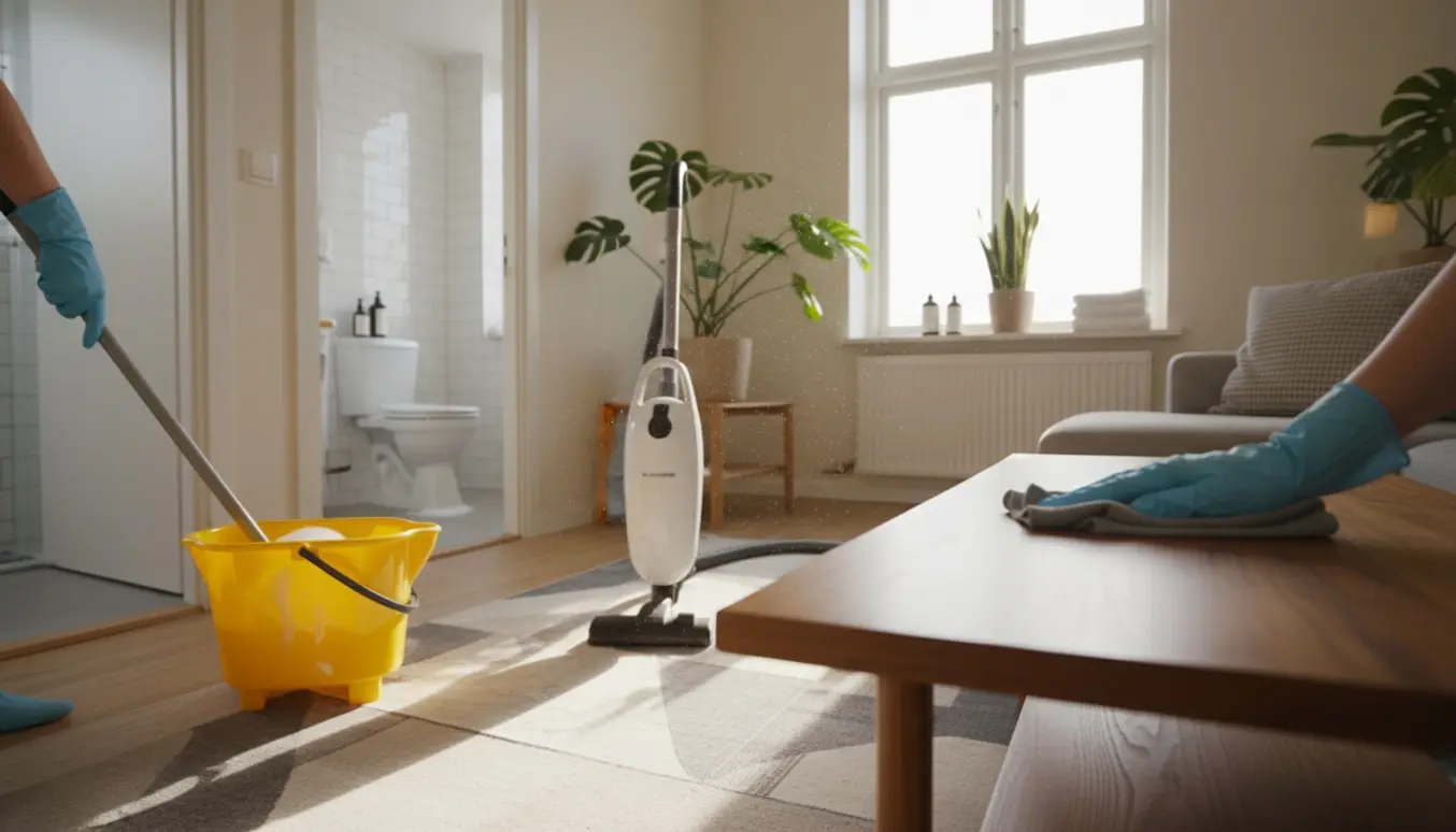 Hånd tørre støv af et bord i en lejlighed med støvsuger, moppe og rengøring af badeværelse synligt.