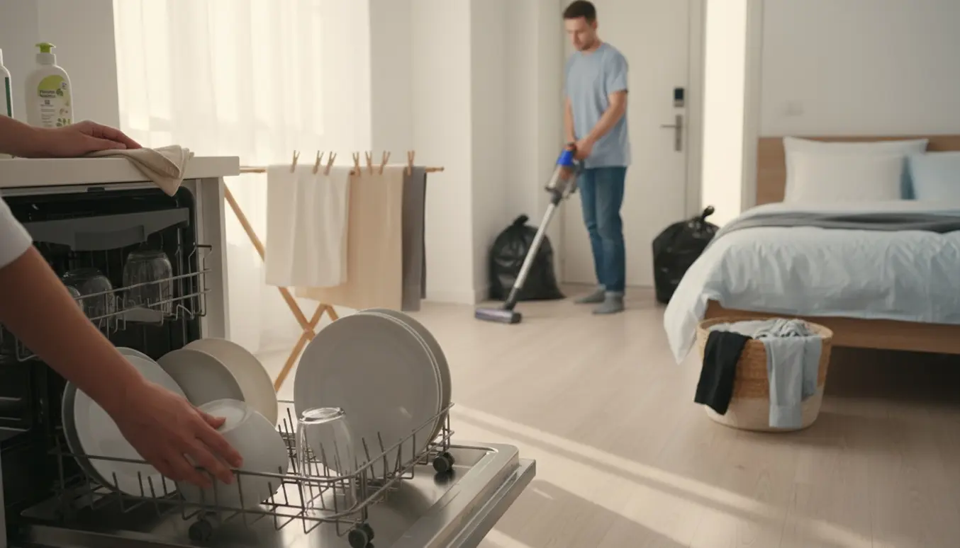 Hænder læsser opvaskemaskinen i et solrigt hjem med tørrestativ, støvsuger i baggrunden og en nyopredt seng.