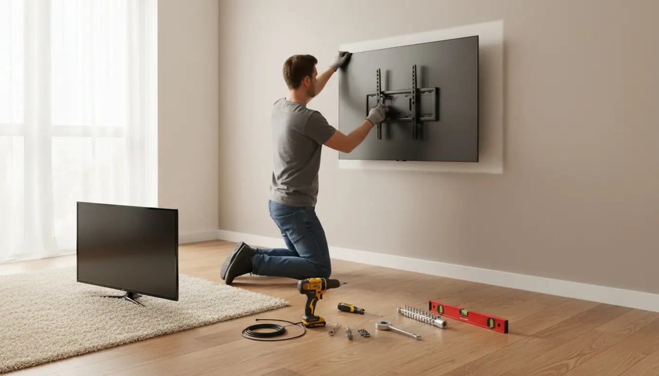 To personer monterer et nyt 55-tommer fladskærms-tv på samme vægbeslag, mens det gamle 49-tommer-tv og værktøj ligger på gulvet.