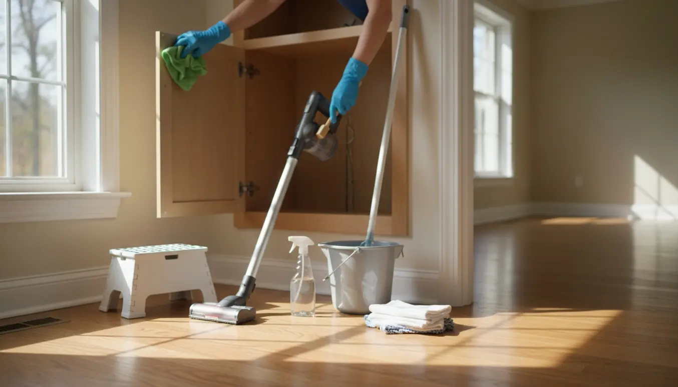 Hænder i gummihandsker tørrer skabe og paneler i et lyst etplanshus under fraflytningsrengøring.