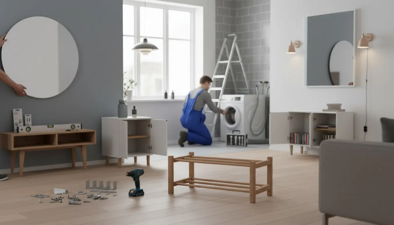 Togrup af håndværkere monterer skoreol, skab, spejle og lamper, mens en tekniker tilslutter en vaskemaskine i en lys skandinavisk lejlighed.