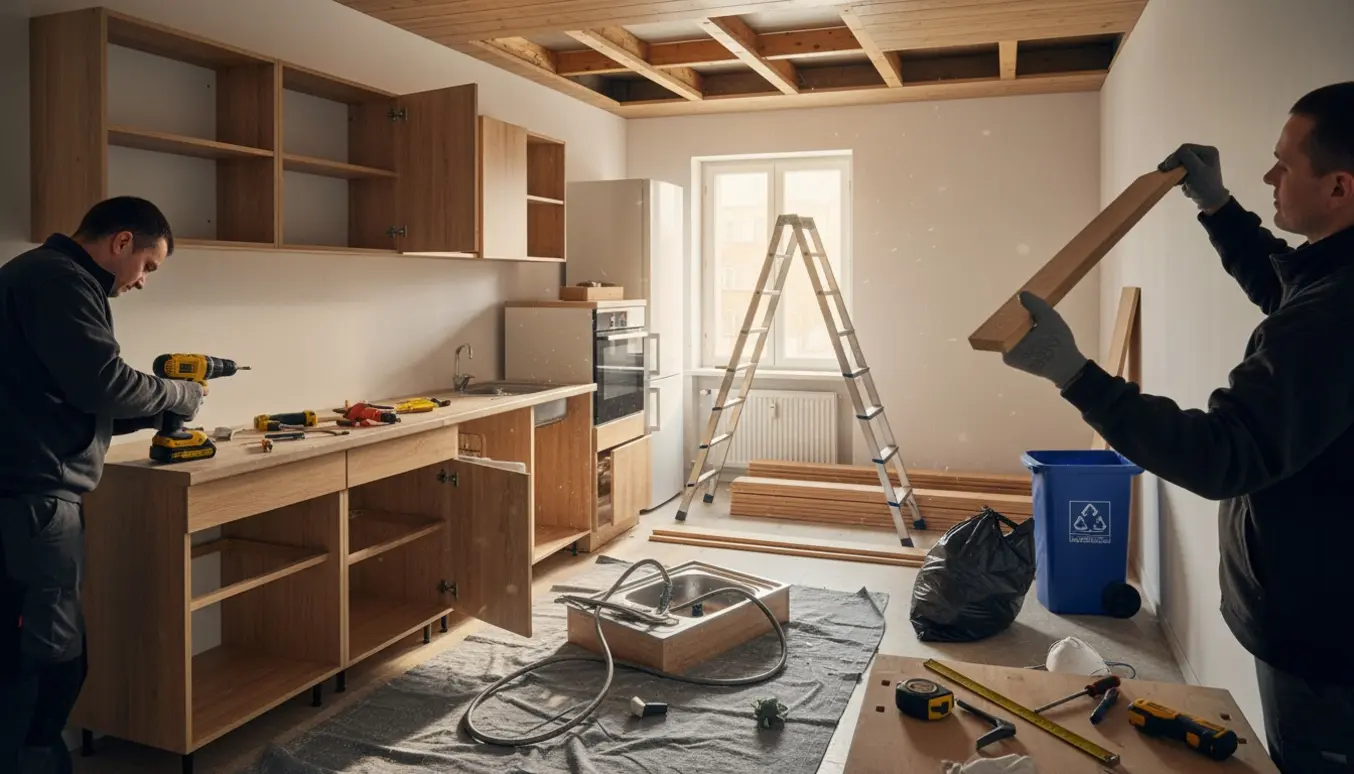 Et lyst fotografi af et lille køkken under nedtagning med stabler af skabe, en demonteret bordplade og et nedtaget profilbræddeloft, værktøj og stige i rummet.