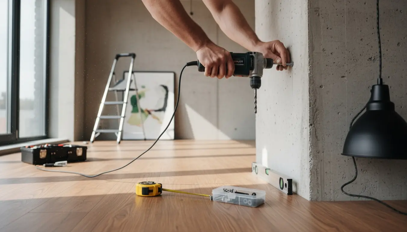 Håndværker monterer lampe på betonvæg i lys, moderne lejlighed med værktøj og måleværktøj i forgrunden.