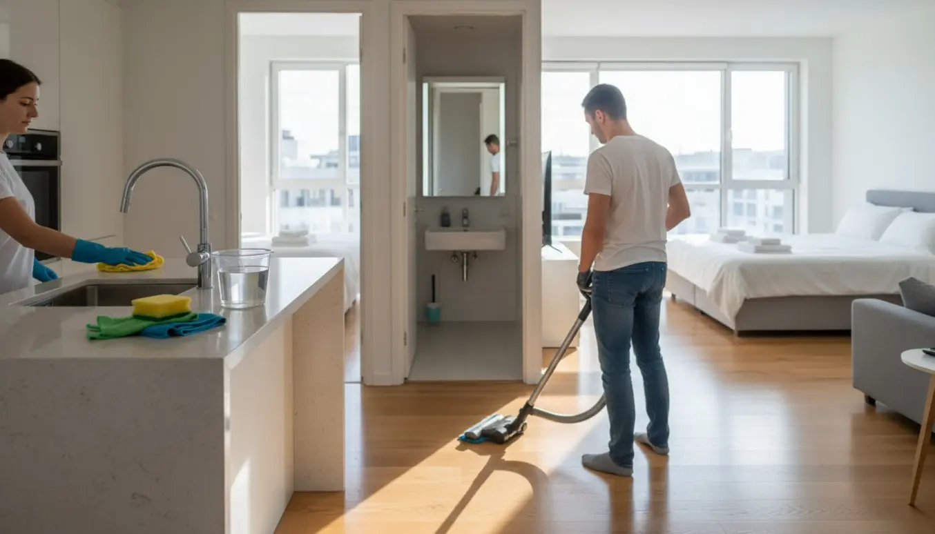 Person foretager grundrengøring af en lys lejlighed med støvsugning og aftørring af køkken, badeværelse og lakerede trægulve.