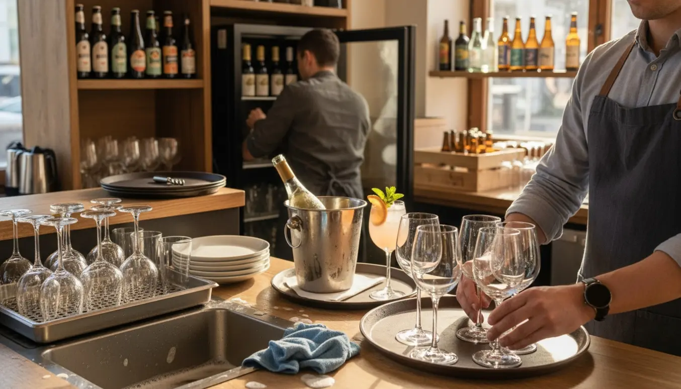 Servicepersoner forbereder opvask, afrydning og genopfylder øl, vin og en velkomstdrink i en restaurant.