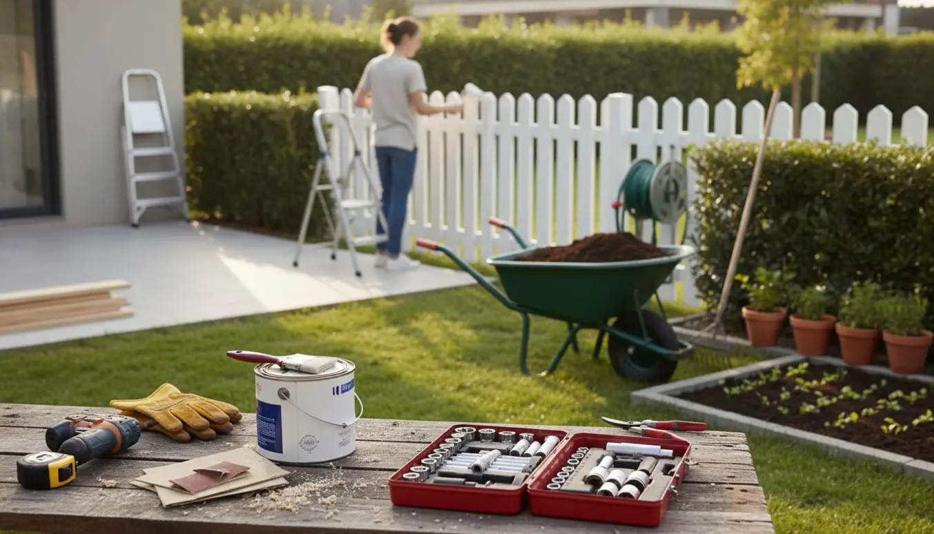 Værktøj på en træbænk og en person med ryggen til, der maler et hegn i en solrig have.