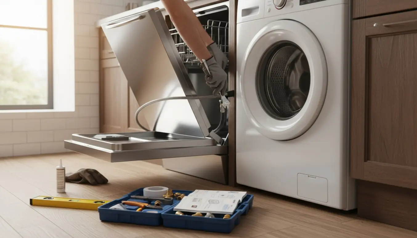 Hænder tilslutter vandslanger og afløb på en opvaskemaskine og vaskemaskine i et lyst køkken.