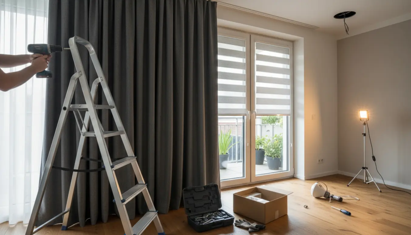 Montage af mørklægningsgardin og duo-rullegardin ved en balkon, med stige og værktøj i et lyst rum.
