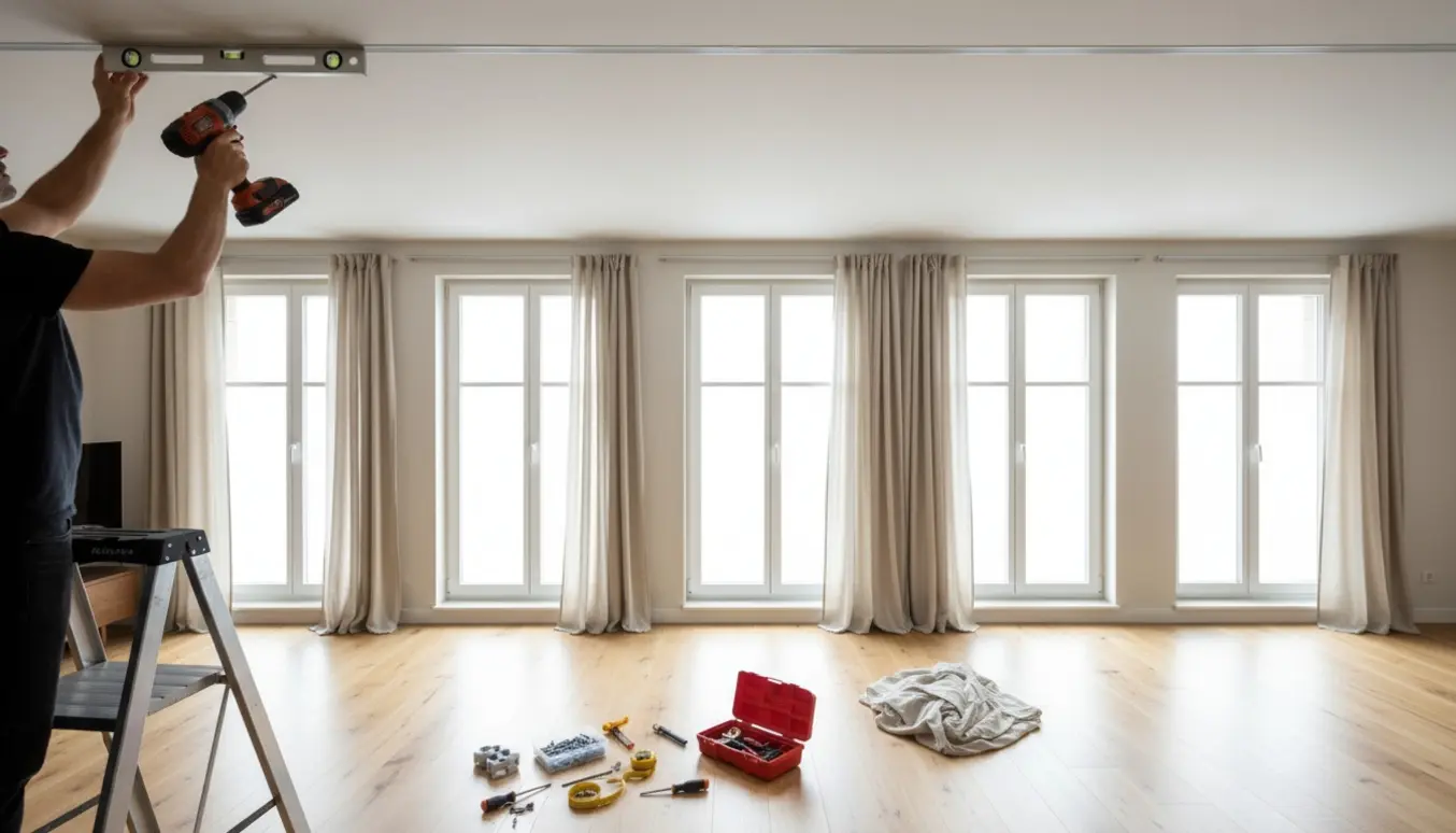 Montering af gardinskinner i loftet over seks vinduer i en lys, moderne stue.