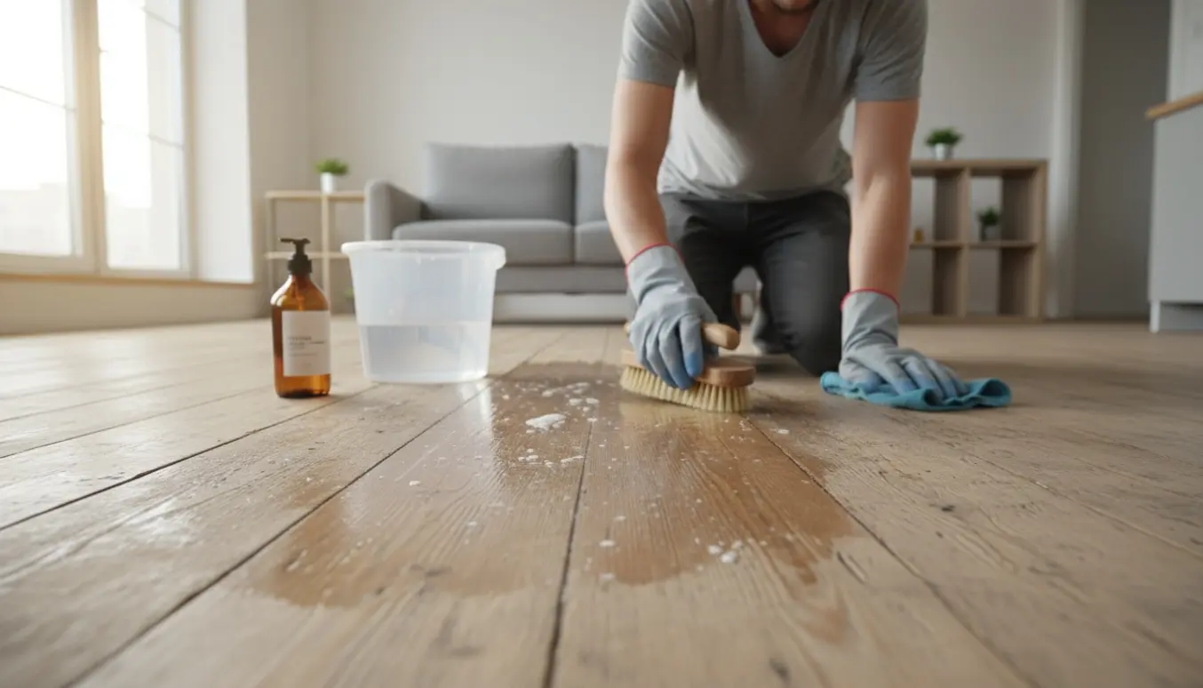 Hænder skrubber et lyst ubehandlet trægulv i en næsten tom lejlighed med spand og skrubbebørste i sollys.