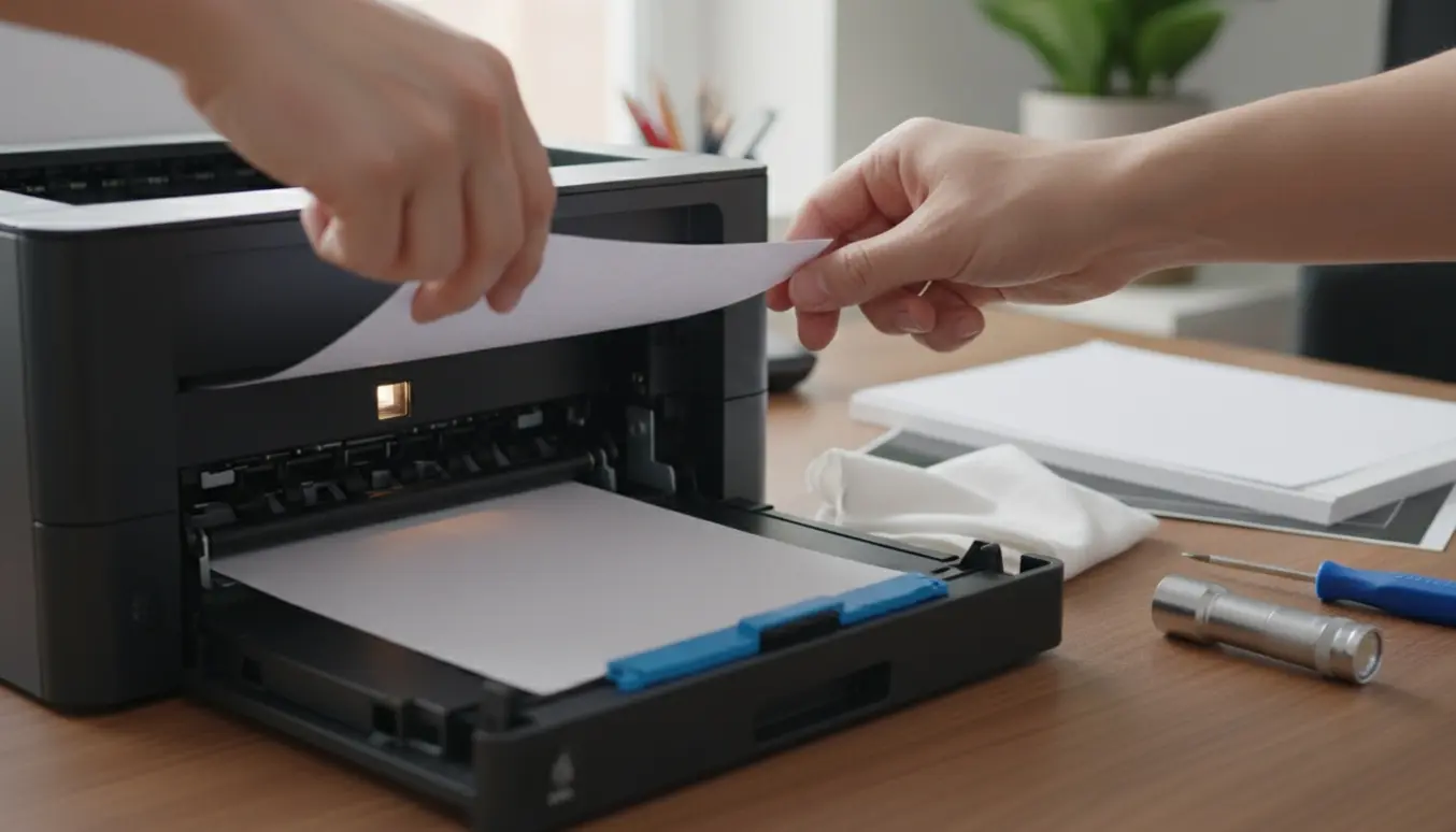 Nære hænder retter papiret i en åben printerbakke for at løse papirindtagsfejl.