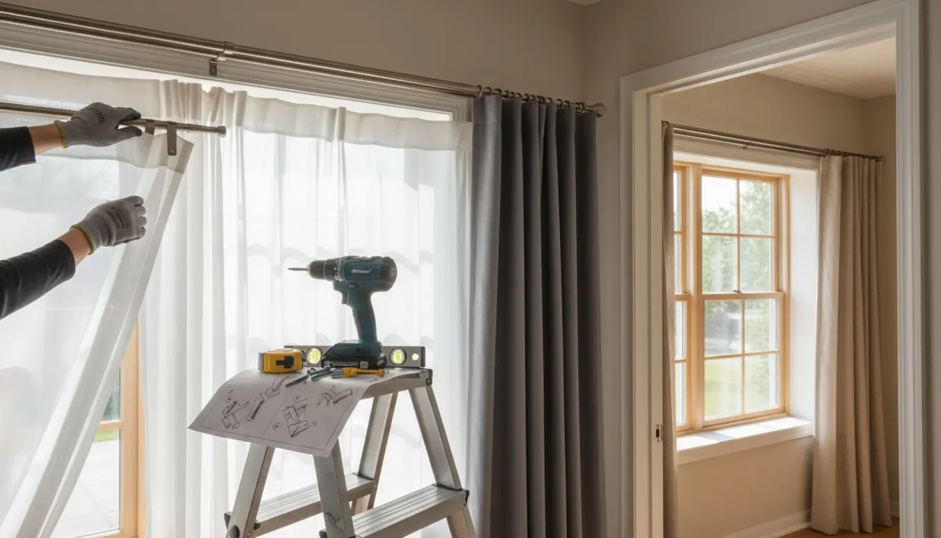 Hænder monterer gardinstænger ved vinduerne med værktøj på en stige i forgrunden.