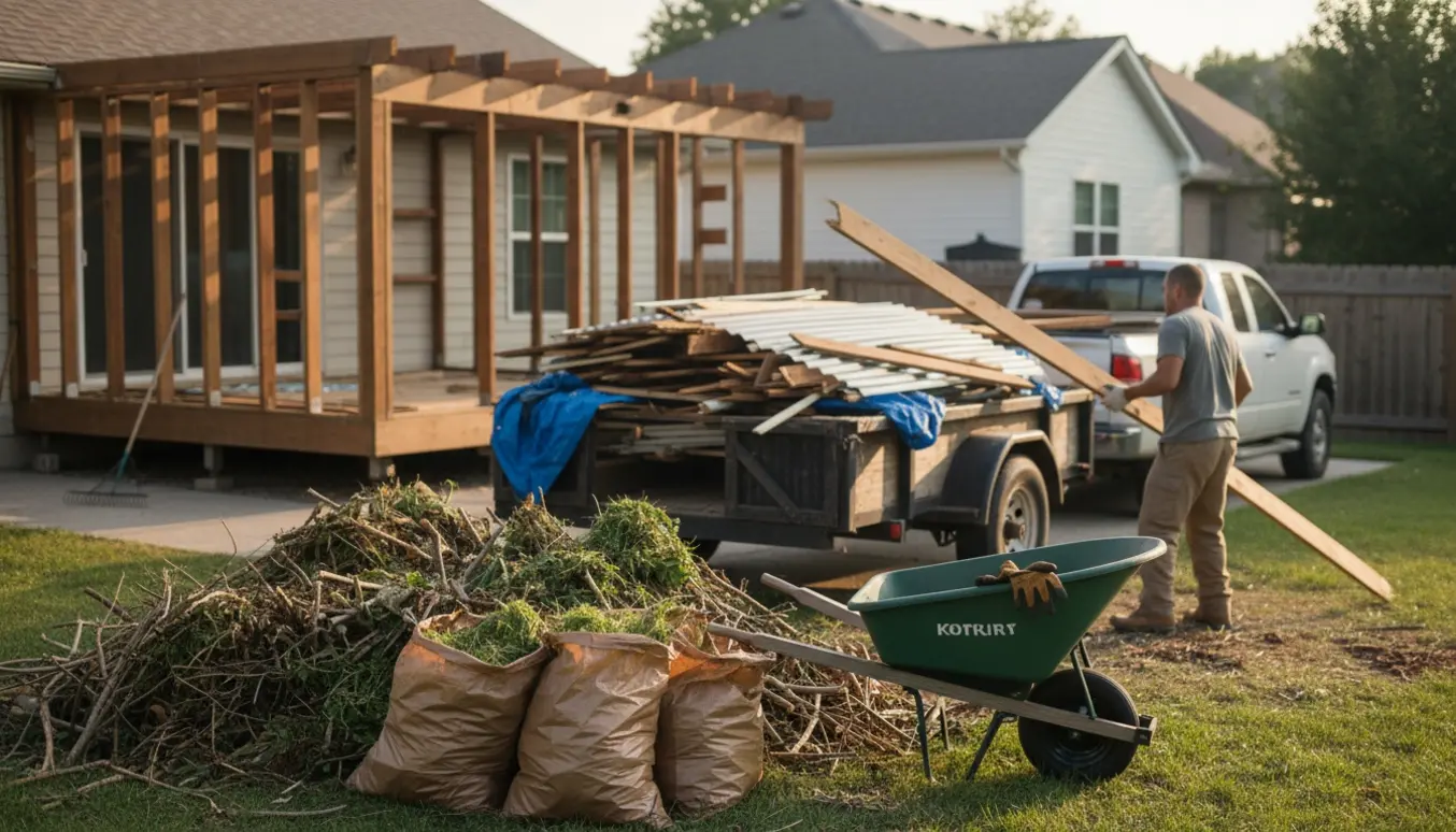 Haveaffald og dele af en nedrevet overdækket terrasse læsset på en varevogn i en have.