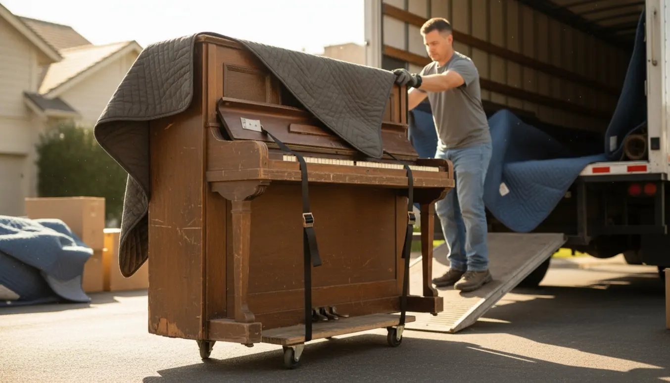 Et gammelt oprejst klaver dækket af flyttetæpper løftes ind i en flyttevogn.