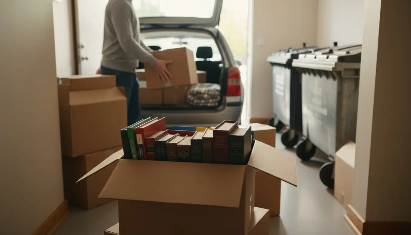 Flyttekasser med bøger og ringbind bæres ud af en lejlighed mod en åben bil.
