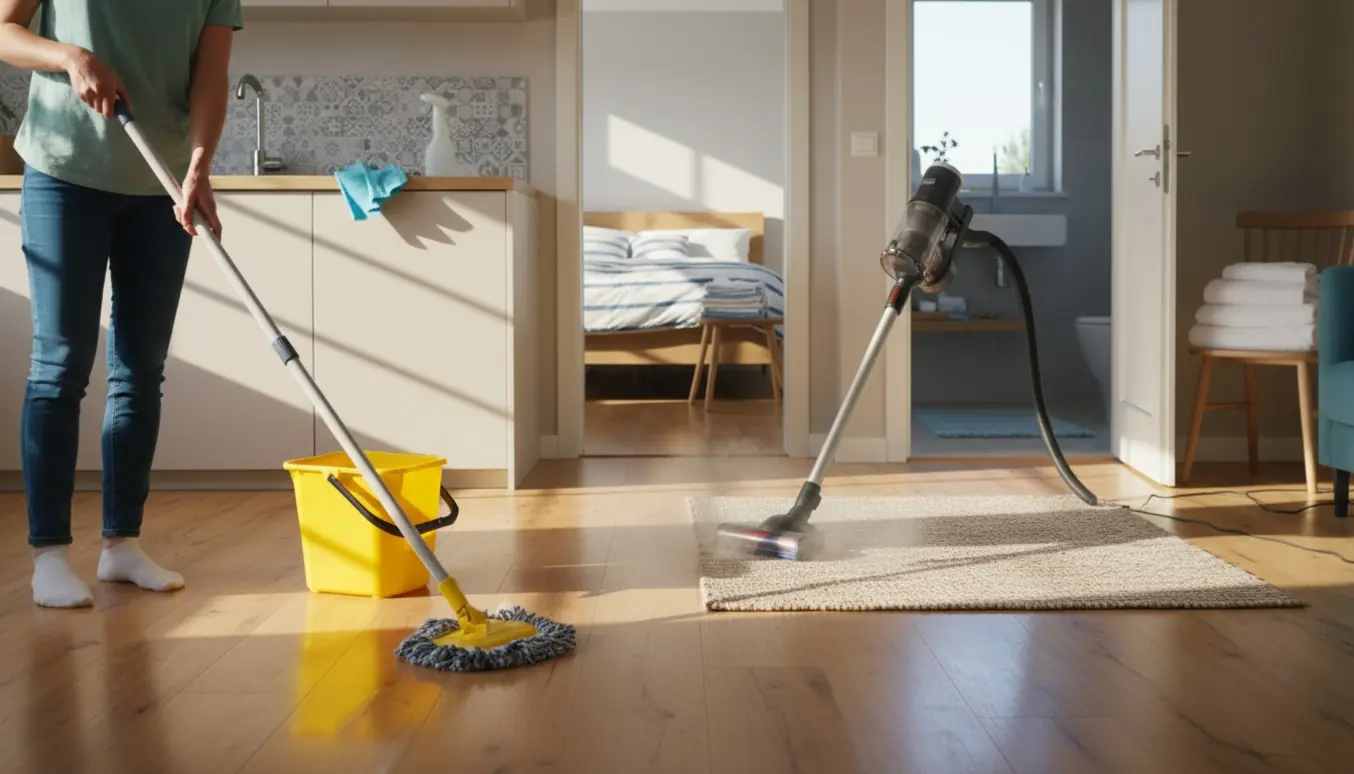 Person vasker gulv og støvsuger i et lyst sommerhus med moppe, spand og støvsuger.