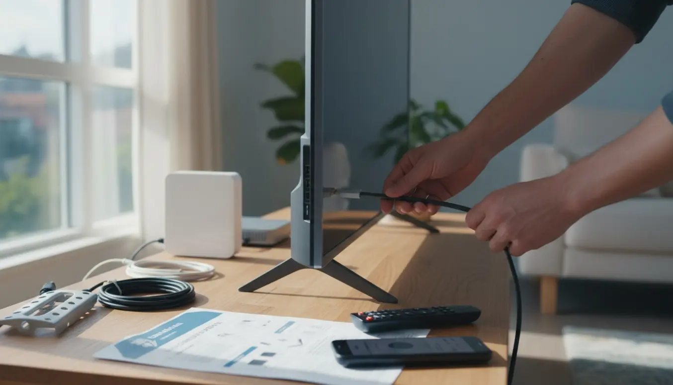 Nærbillede af opsætning af et fladskærms-tv fra midten af 2010'erne med fjernbetjening, kabler og manual.