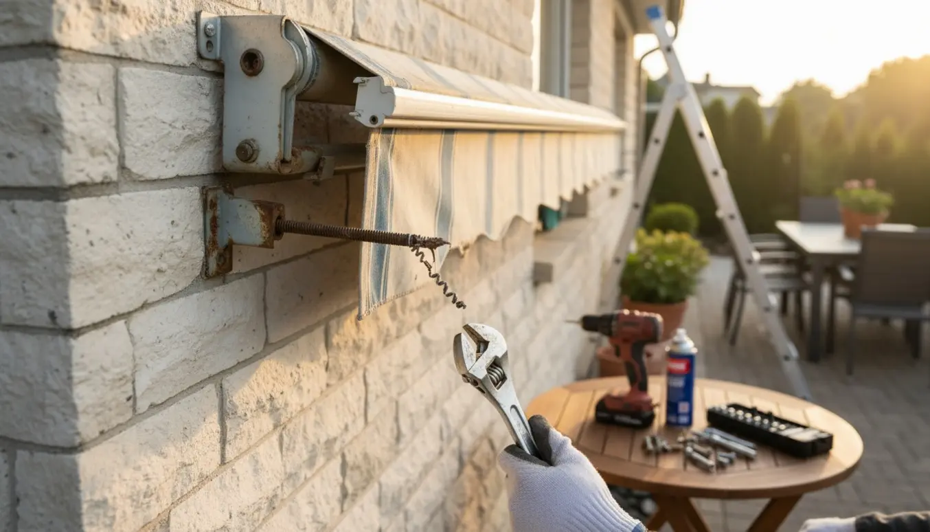 Hænder på en stige tager en gammel markise ned fra en husfacade med værktøj og beskadiget gevind.