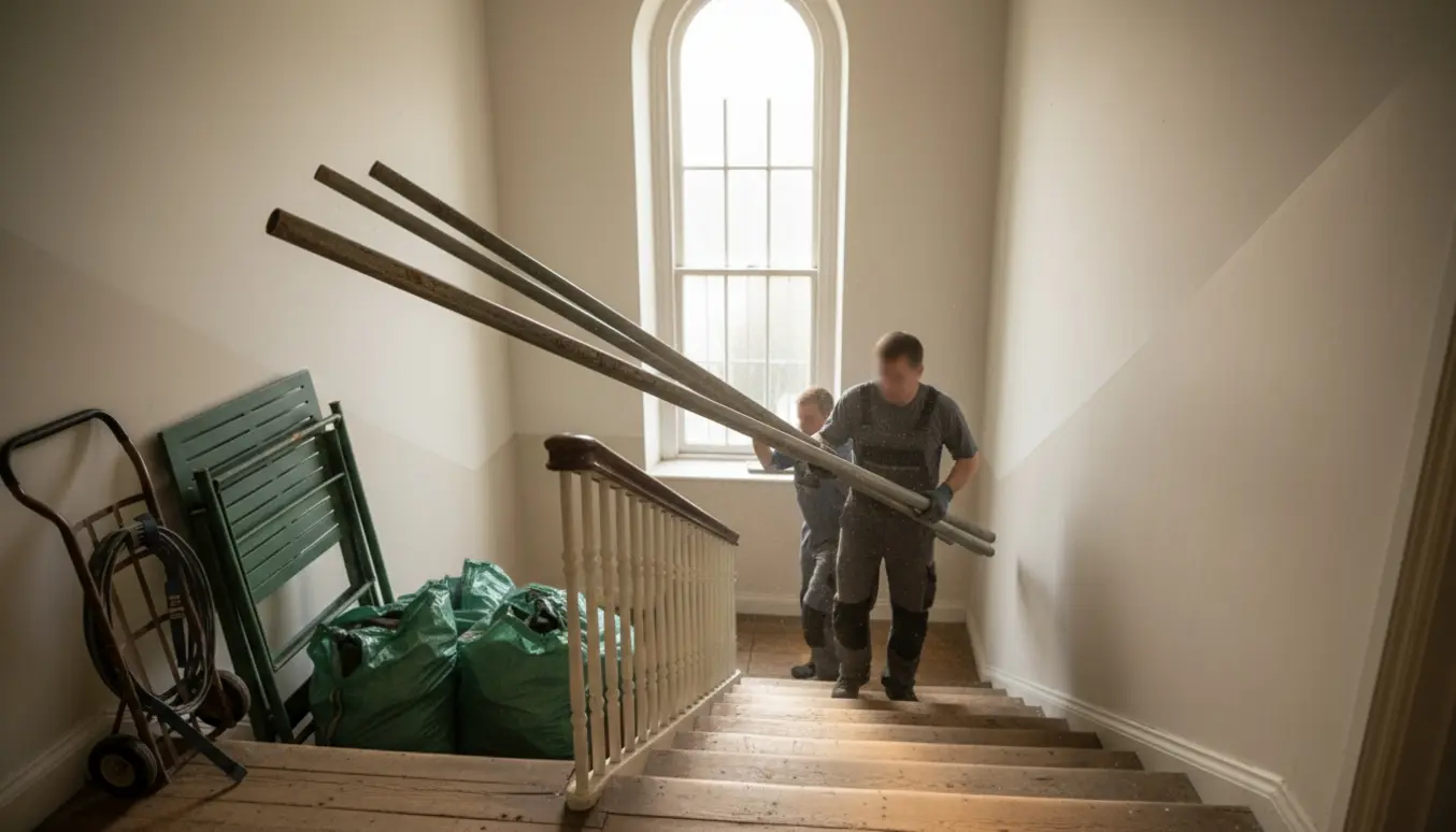 Lange metalstænger, et havebord og poser med haveaffald bæres ned ad en opgang fra 3. sal klar til afhentning.