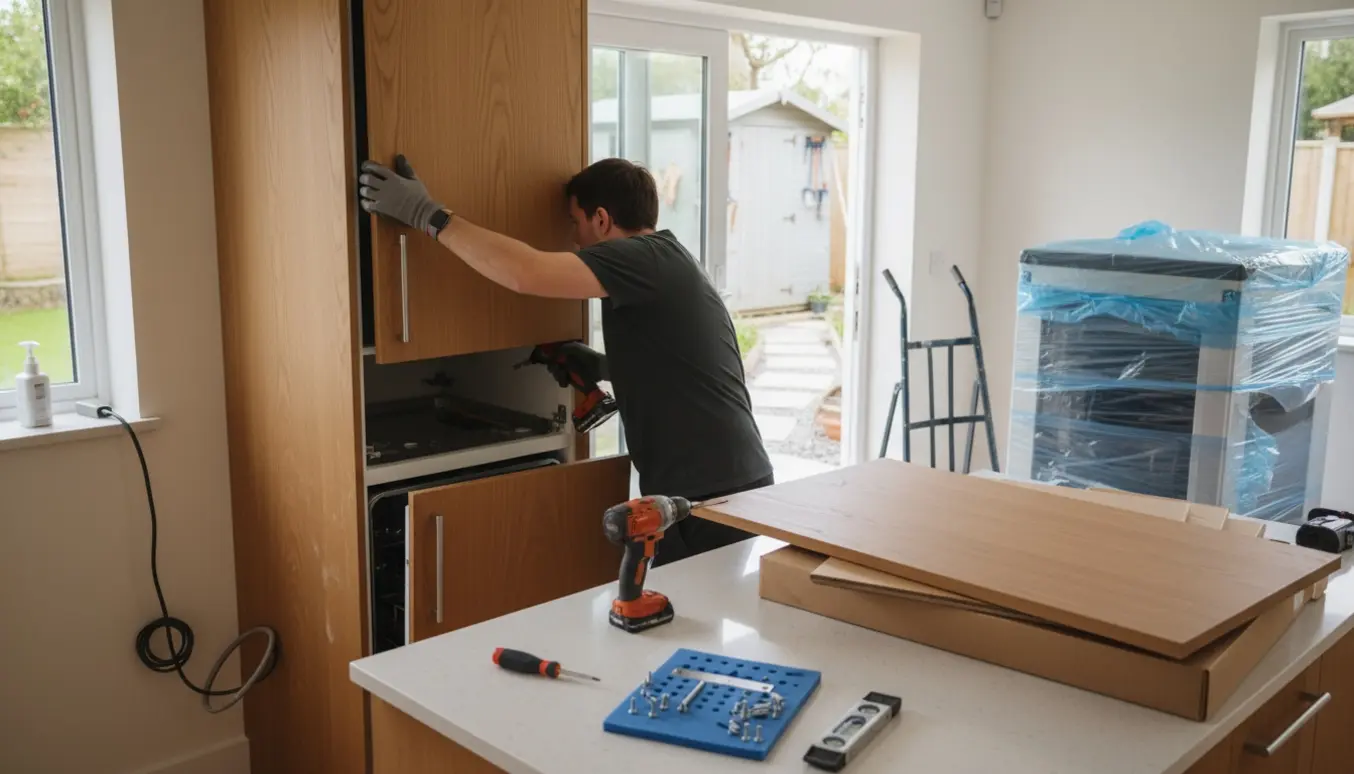 Montør justerer og monterer to integrerede køkkenlåger i et lyst, moderne køkken.