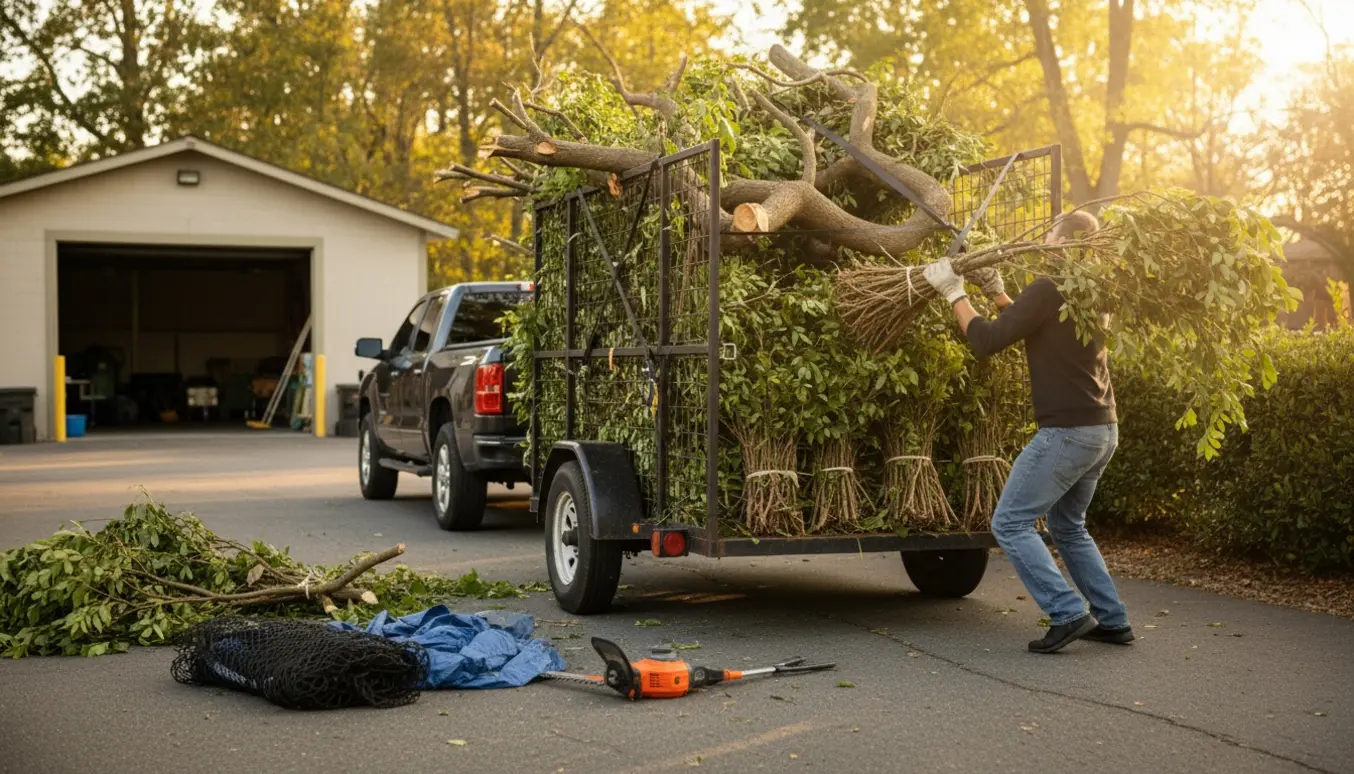 Trailer fyldt med grene og hækafklip på indkørsel, en person læsser med handsker.