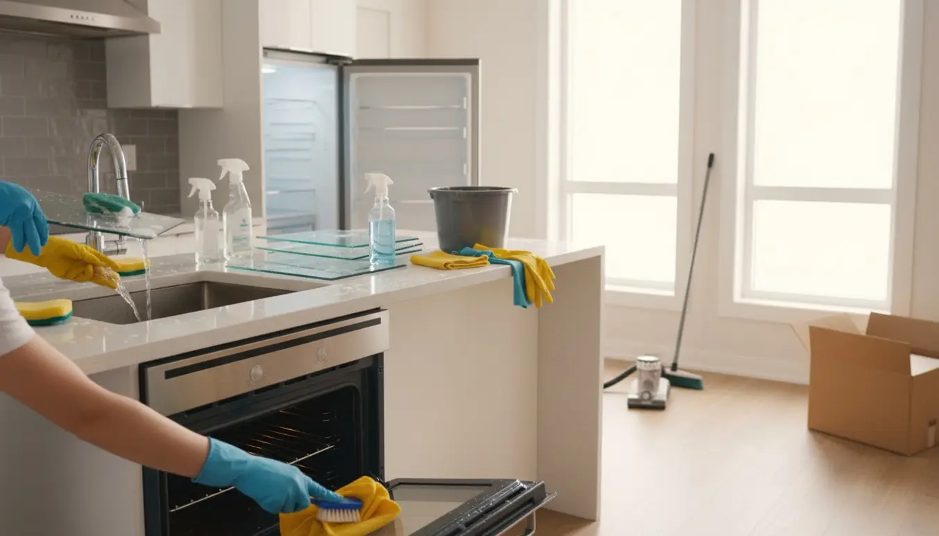 Udflytningsrengøring i et køkken med handsker og rengøringsmidler, hvor ovn og køleskab bliver rengjort.