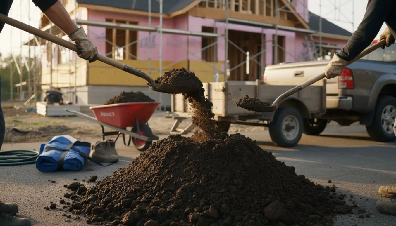En trailer læsses med en stor jordbunke foran et hus med synlig isolering.