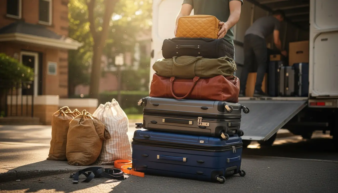 Seks kufferter og et par sække bliver lastet ind i en flyttebil ved fortovet, med en håndtruck og remme synlige.