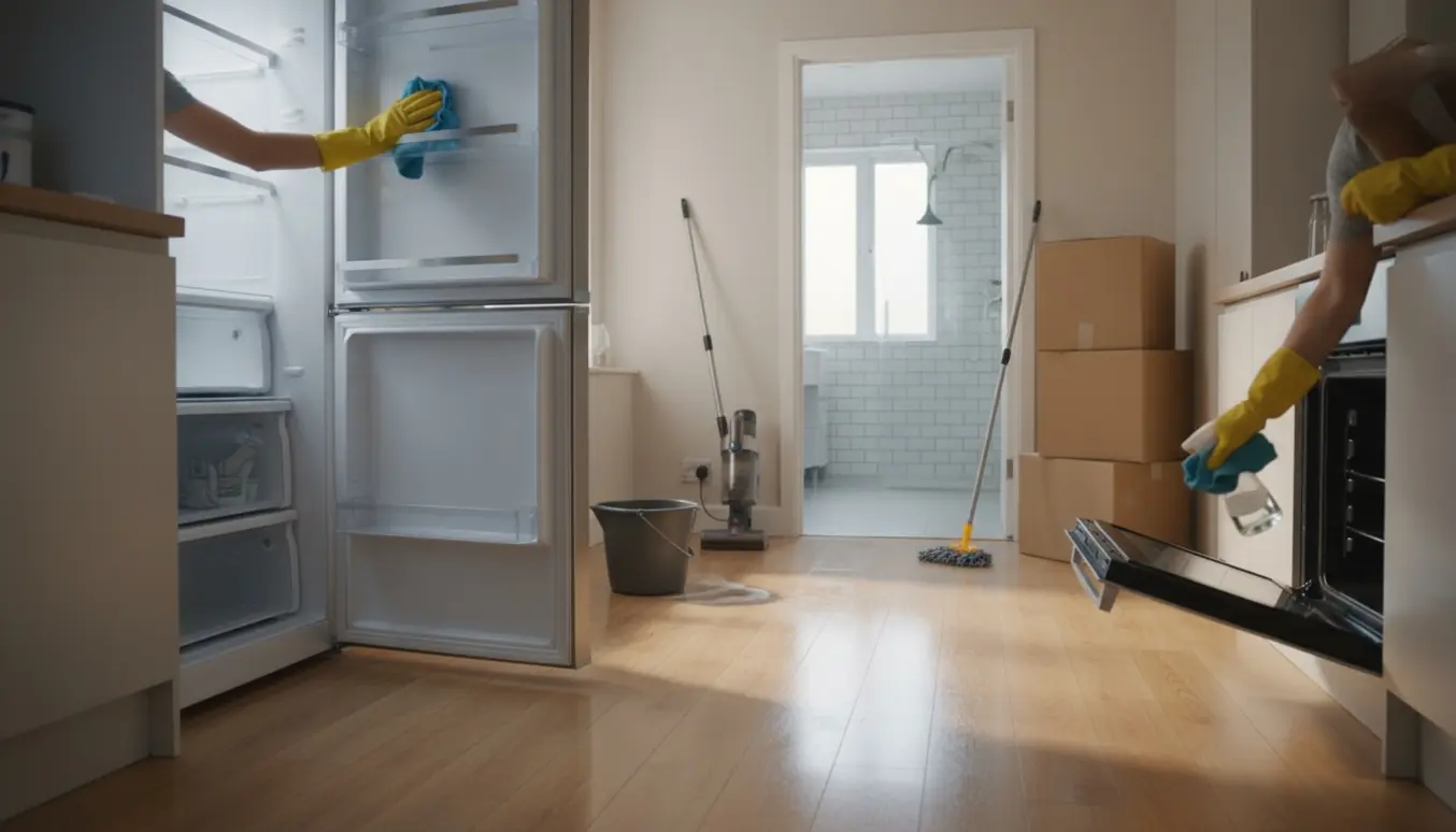 Hænder i gummihandsker rengør køleskab og ovn i et lyst parcelhus med moppe, støvsuger og flyttekasser i baggrunden.