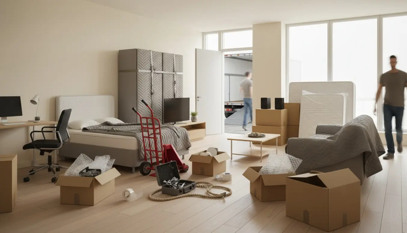 Flyttefolk læsser beskyttede møbler og flyttekasser i en lys lejlighed med åben flyttebil.