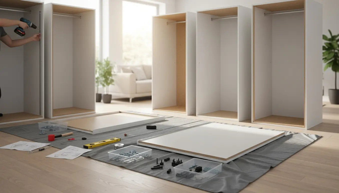 Fem garderobeskabe under samling i stue med værktøj og hænder, uden tydelige ansigter.