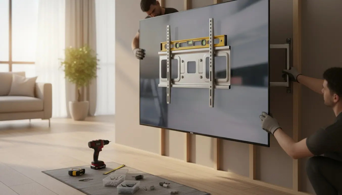 Et 65-tommer TV monteres på dobbelt vægbeslag med et vaterpas, mens hænder justerer beslagene.