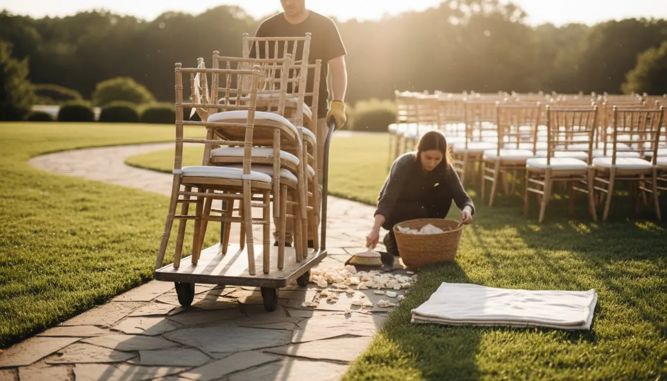 Personer flytter stabler af stole og samler rosenblade ved en udendørs ceremoni, med en sammenfoldet løber ved siden af.